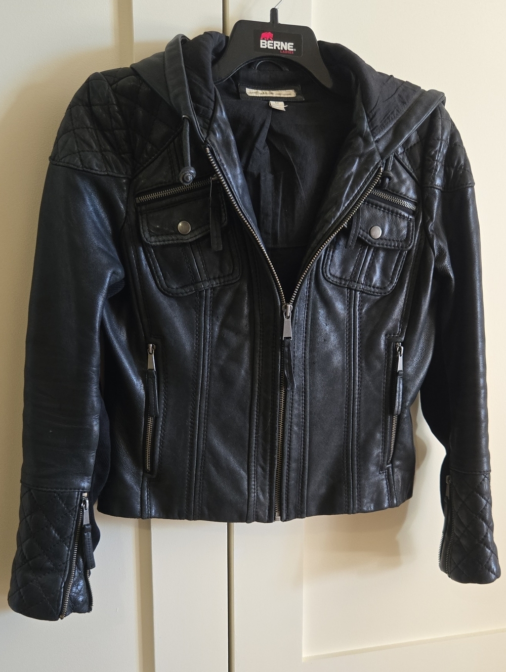 Stylish Black Leather Hooded Jacket - Women